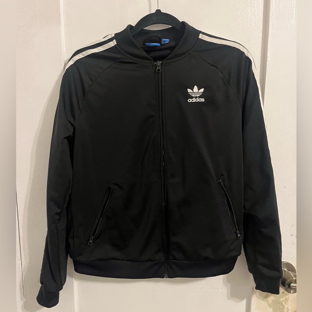 Adidas Men's Black Bomber Jacket with White Accents